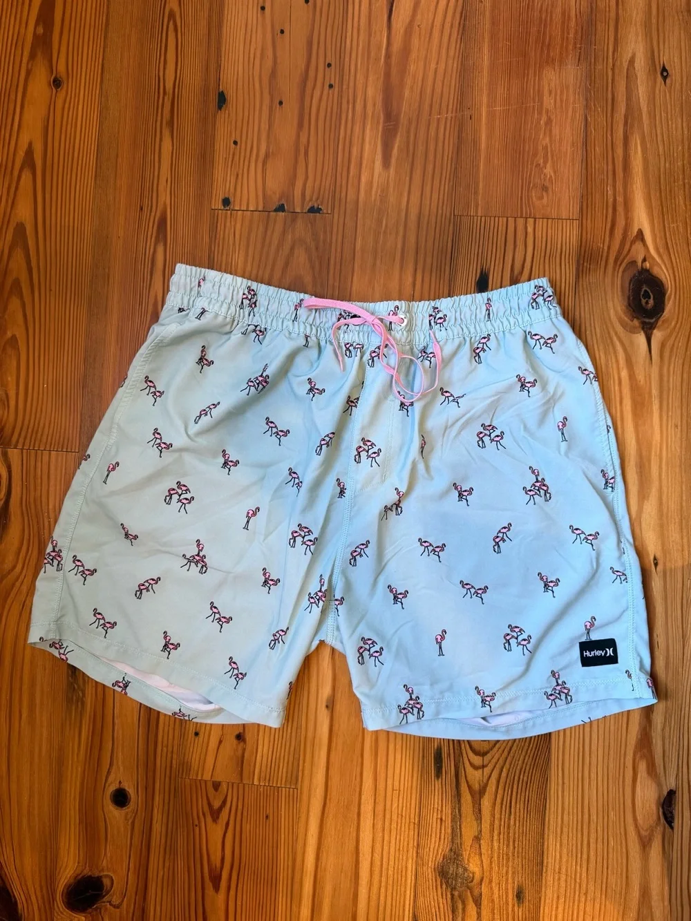 Hurley Men’s Light Blue Swim Trunks with Pink Flamingo Print